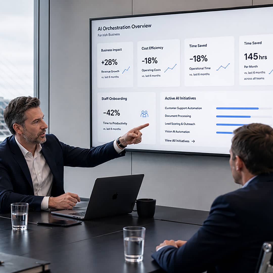 Irish business team reviewing an AI performance dashboard in a Dublin boardroom 1080px